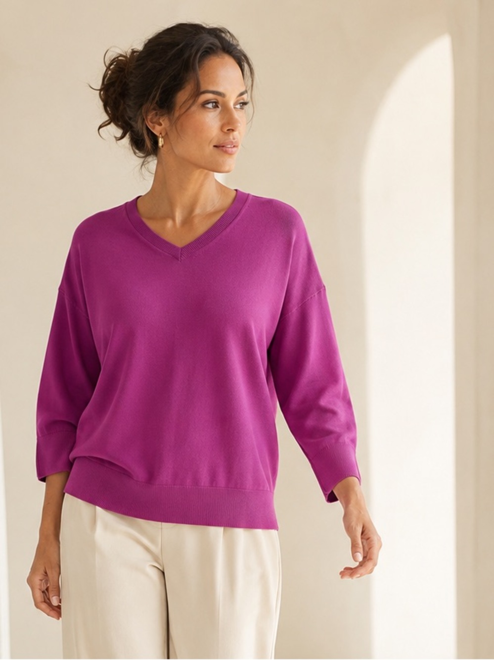 WEEKEND MAX MARA Rania Silk Cotton V-Neck Knit Sweater Orchid Sz M